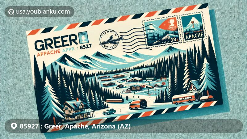 Modern illustration of Greer, Apache, Arizona, showcasing postal theme with ZIP code 85927, featuring picturesque landscape surrounded by Apache-Sitgreaves National Forest and iconic elements like tall pine trees and Sunrise Park Resort.