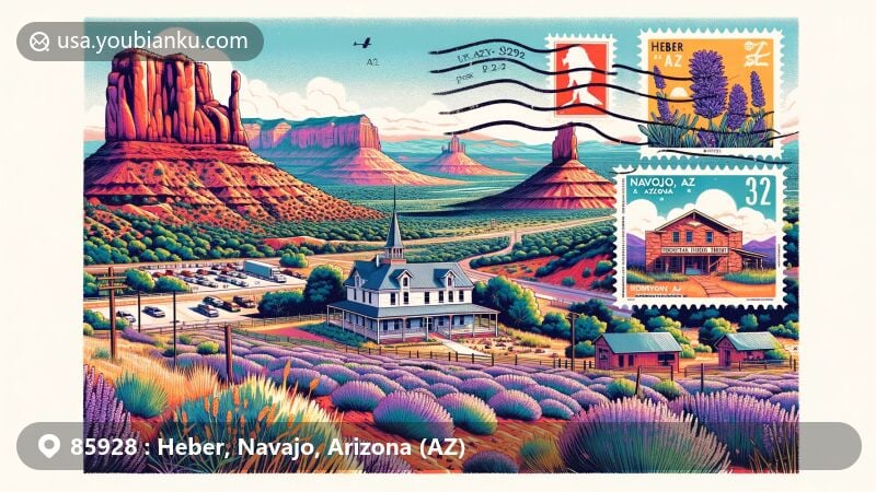 Modern illustration of Heber, Navajo County, Arizona, highlighting Mogollon Rim, Rock House Museum, Windy Hills Lavender Farm, with vintage postcard elements, postmark 'Heber, AZ 85928' and envelope edge.