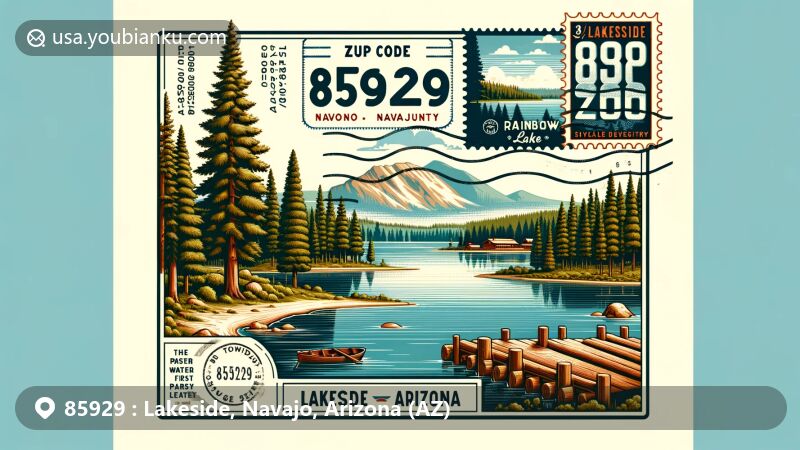 Modern illustration of Lakeside, Navajo County, Arizona, capturing ZIP code 85929, showcasing Rainbow Lake, forestry, and historic sawmills within vintage postcard theme.