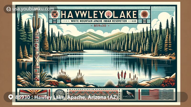 Modern illustration of Hawley Lake, Apache County, Arizona, capturing the tranquil beauty amidst dense forests and clear blue skies on the White Mountain Apache Indian Reservation. State flag, tribal motifs, postal elements, and ZIP code 85930 featured in vintage postcard style.
