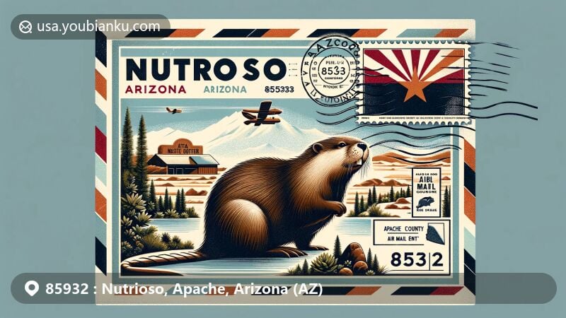 Modern illustration of Nutrioso, Arizona, featuring vintage air mail envelope with Apache County's scenery, highlighting natural beauty and cultural references, including beavers and Arizona state flag.