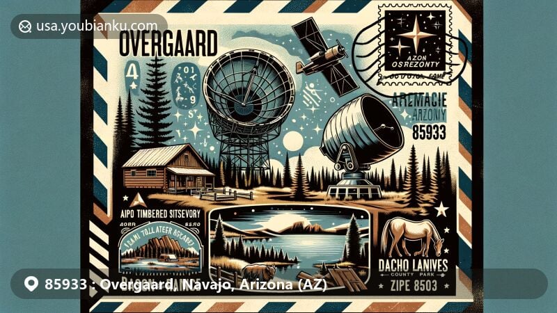 Modern illustration of Overgaard, Arizona, capturing the essence of the ZIP code 85933 with a postal theme, featuring Apache-Sitgreaves Observatory, Tall Timbers County Park, Rim Lakes Recreation Area, Bison Ranch, and Arizona state symbols.