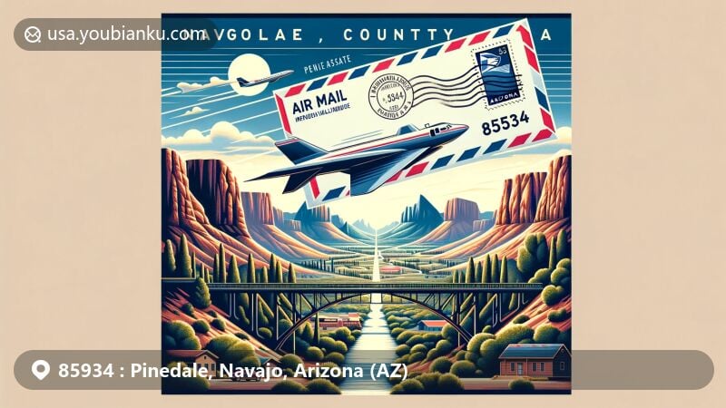 Modern illustration of Pinedale, Navajo County, Arizona, showcasing postal theme with ZIP code 85934, featuring Mogollon Rim mountains and Mauretta B. Thomas Pinedale Memorial Bridge.