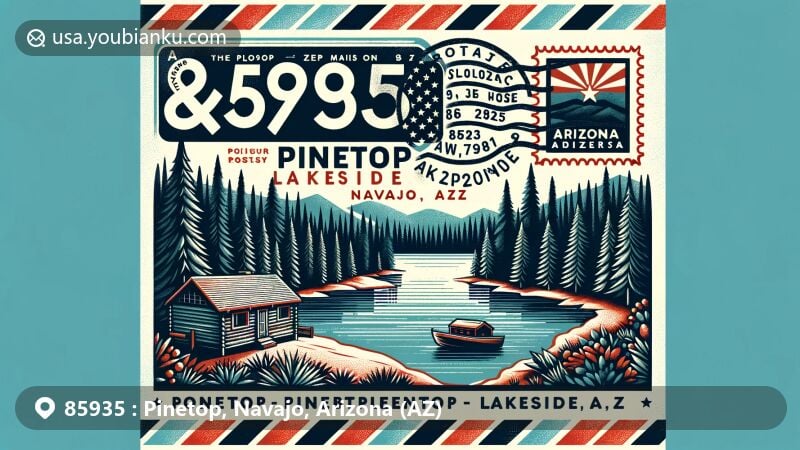 Modern illustration of Pinetop-Lakeside, Navajo County, Arizona, capturing the essence of the area with dense pine forests, alpine lakes, and a vacation cabin. Features vintage airmail envelope background with Arizona state flag stamp and ZIP code 85935 postmark.