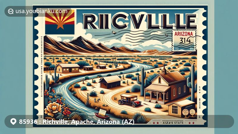 Creative illustration of Richville, Apache County, Arizona (AZ), emphasizing postal theme with ZIP code 85936, featuring iconic Arizona elements and the natural beauty of Little Colorado River area.