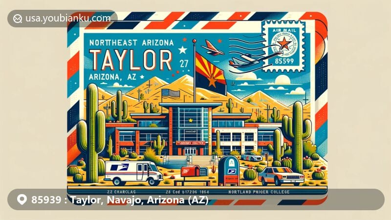 Modern illustration of Taylor, Arizona, showcasing Northeast Arizona Training Center, Arizona flag, postal theme with ZIP code 85939, and desert scenery.