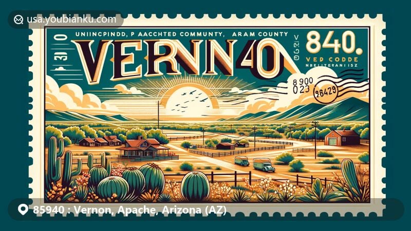 Modern illustration of Vernon, Apache County, Arizona, showcasing postal theme with ZIP code 85940, featuring iconic Arizona elements and vintage postcard design.