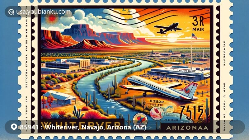 Modern illustration of Whiteriver, Arizona, ZIP code 85941, highlighting Fort Apache Indian Reservation and Alchesay High School, with a depiction of Whiteriver Airport and its Mediterranean climate, through a creative postal theme.