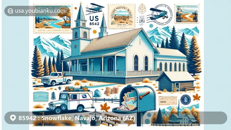 Modern illustration of Snowflake, Arizona, featuring the iconic Snowflake Arizona Temple and Stinson Pioneer Museum, surrounded by pine and cottonwood forests. Includes Snowflake Community Golf Course, Pioneer Park, Willis Farm, and postal elements with ZIP code 85942.