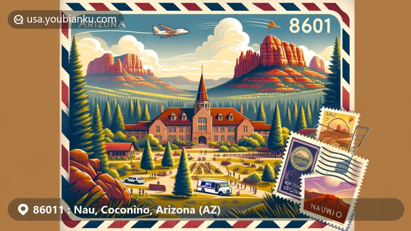 Modern illustration of ZIP Code 86011 in Arizona, featuring Coconino National Forest's red rock formations and NAU landmarks like Old Main and 1899 Bar & Grill, with students and campus life, airmail envelope, vintage stamps, postal truck, and ZIP Code 86011.