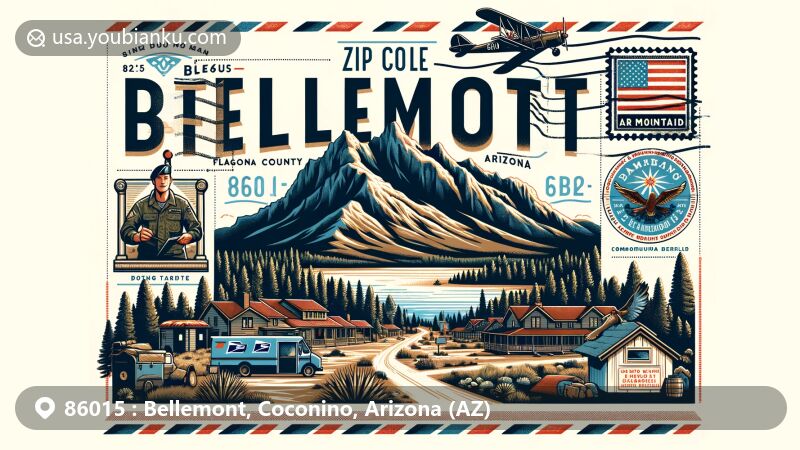 Modern illustration of Bellemont, Arizona, showcasing postal theme with ZIP code 86015, featuring Coconino County's natural beauty like Coconino National Forest and Red Mountain Trailhead.