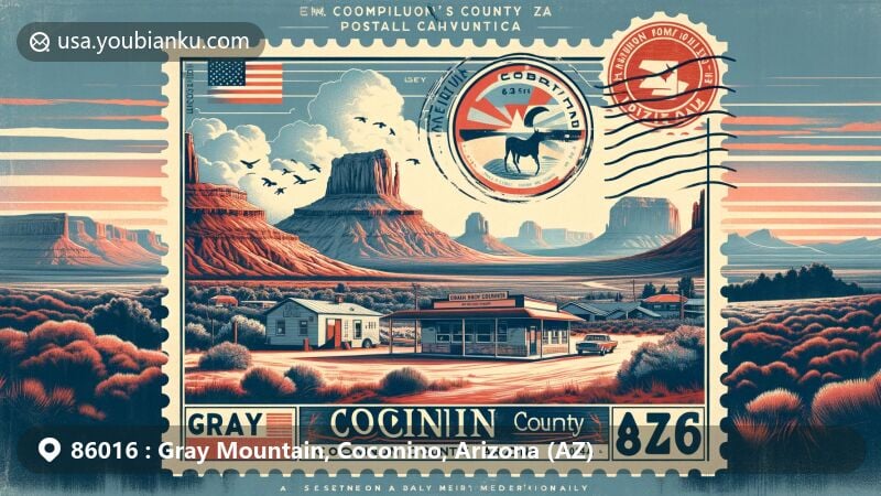 Modern illustration of Gray Mountain, Coconino County, Arizona, featuring natural beauty with Vermilion Cliffs in the background, vintage postcard overlay, '86016' ZIP code, gas station, wild horses, and Arizona state flag.