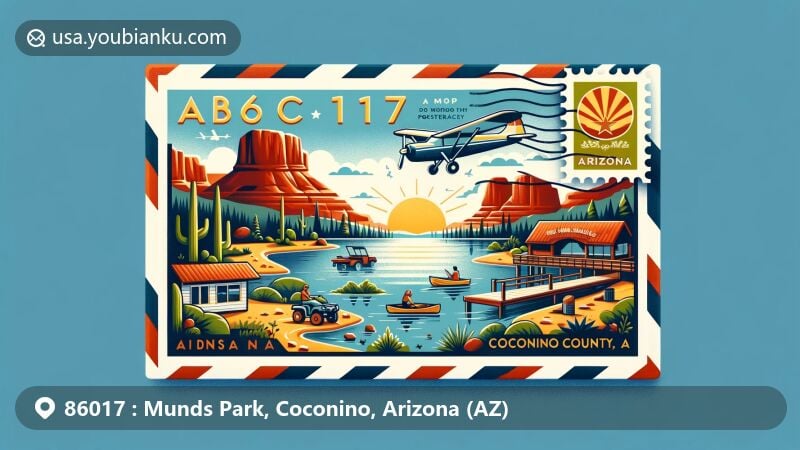 Vibrant illustration of Munds Park, Coconino County, Arizona, featuring air mail envelope with postcard revealing Lake O'Dell and red rock formations like Courthouse Butte and Bell Rock, showcasing outdoor activities and Arizona state flag.