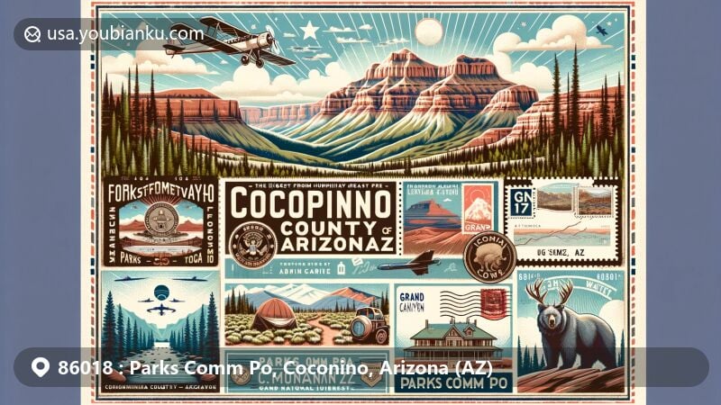 Modern illustration of Parks Comm Po, Coconino, Arizona showcasing Humphreys Peak, Coconino National Forest with diverse ecosystems, Grand Canyon elements like Bright Angel Lodge and El Tovar Hotel.