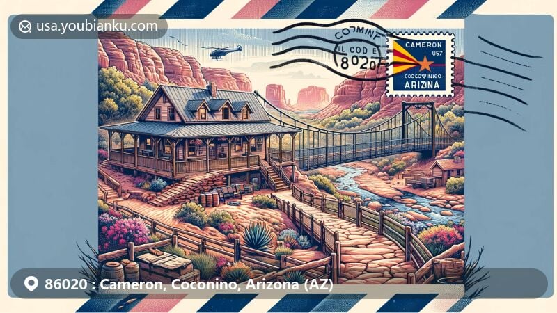 Modern illustration of Cameron, Coconino, Arizona, showcasing postal theme with ZIP code 86020, featuring Cameron Trading Post, Swayback Bridge, and desert oasis.