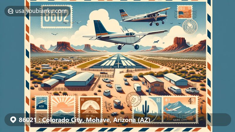 Modern illustration of Colorado City, Mohave County, Arizona, featuring Colorado City Municipal Airport and iconic Arizona imagery, set in a semi-arid desert landscape with red rock formations and a postal theme.