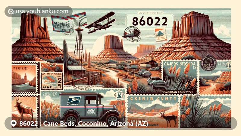 Modern illustration of Cane Beds, Coconino County, Arizona, merging geographical features with postal themes, showcasing Vermilion Cliffs, pronghorns, deer, vintage airmail envelope, local landmarks, and ZIP Code 86022.