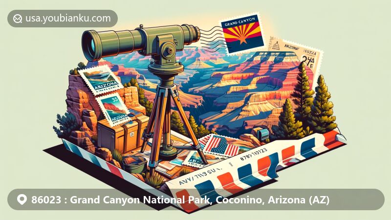Creative illustration of Grand Canyon National Park with Arizona state flag, postal elements, and ZIP code 86023, showcasing natural beauty and postal characteristics.