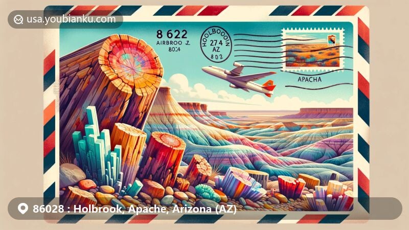 Modern illustration of Holbrook, Apache, Arizona (AZ) postcard with airmail envelope featuring ZIP code 86028, showcasing Petrified Forest National Park and postal elements.