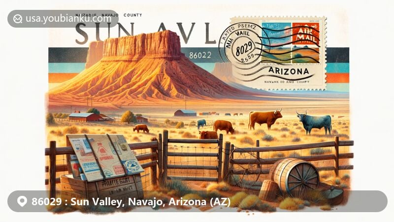 Captivating illustration of Sun Valley, Navajo County, Arizona, capturing the beauty of Painted Desert with vibrant hues, showcasing agricultural heritage with grazing cattle and vintage air mail envelope displaying ZIP code 86029.