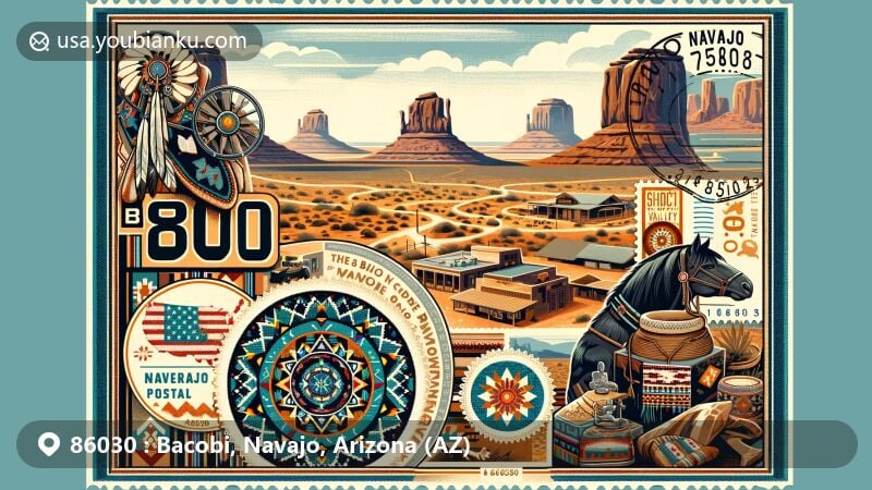 Modern illustration of Bacobi, Navajo, Arizona, capturing the essence of Navajo culture and the scenic beauty of the Hopi Reservation, featuring traditional arts like silversmithing, pottery, and weaving, with Monument Valley as a majestic backdrop.