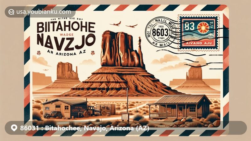 Modern illustration of Bitahochee, Navajo, Arizona, showcasing unique elements with ZIP code 86031, including Bidahochi Butte, Navajo trading post, vintage air mail theme, Arizona state flag stamp, desert landscape, and postal heritage elements.