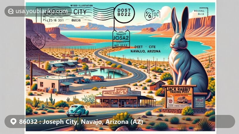 Modern illustration of Joseph City, Navajo, Arizona, showcasing postal theme with Jack Rabbit Trading Post and Route 66, featuring Lake Cholla and local flora, including simulated postmark and stamp with ZIP code 86032.