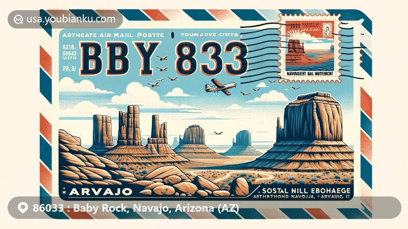 Modern illustration of Baby Rock, Navajo County, Arizona, displaying natural beauty and postal theme with iconic Monument Valley, Navajo National Monument cliff dwellings, and Arizona state flag stamp.