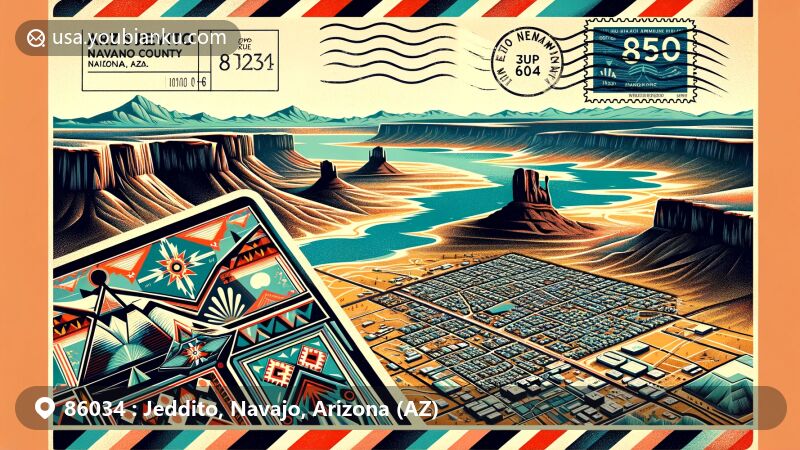 Modern illustration of Jeddito, Navajo County, Arizona, featuring ZIP code 86034, showcasing unique geographical location within Navajo Nation, including landmarks like Antelope Mesa and Lake Maho, with cultural elements reflecting Navajo heritage.