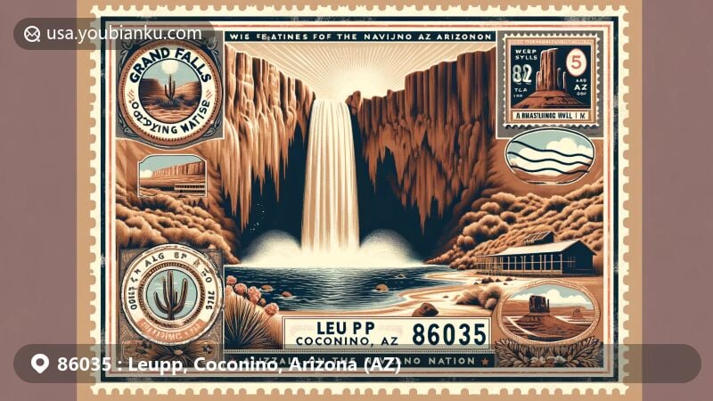 Vintage-style illustration of Leupp, Coconino County, Arizona, featuring Grand Falls aka 'Chocolate Falls' on Navajo Nation land, Leupp Trading Post, Arizona state flag postage stamp, and 'Leupp, AZ 86035' postmark.