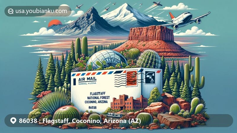 Creative illustration of Flagstaff, Coconino, Arizona, showcasing postal theme with ZIP code 86038 and iconic landmarks like Coconino National Forest, Humphrey's Peak, Lowell Observatory, Wupatki National Monument, and Meteor Crater.