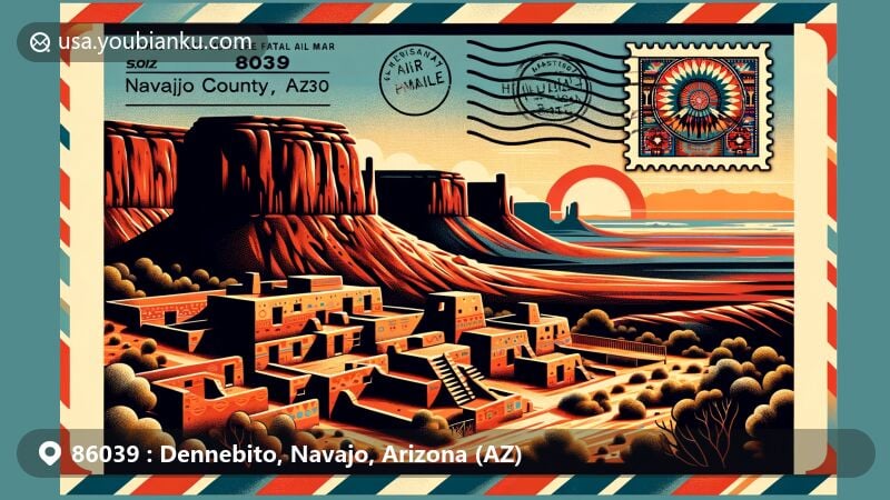 Modern illustration of Dennebito, Navajo County, Arizona, featuring Navajo National Monument and Monument Valley's iconic landscapes, with a vibrant desert sunset background and stylized postal theme.