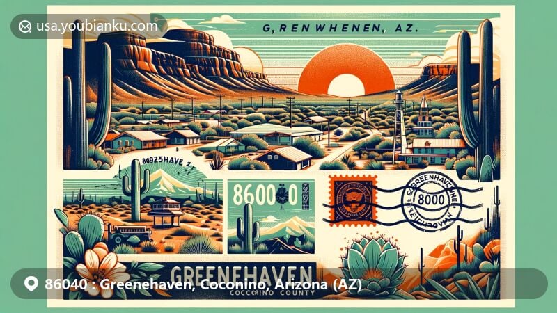Modern illustration of Greenehaven, Arizona, ZIP code 86040, in Coconino County, showcasing arid desert landscape near Page and Utah, with postal theme including stamp, postal mark, and envelope texture.