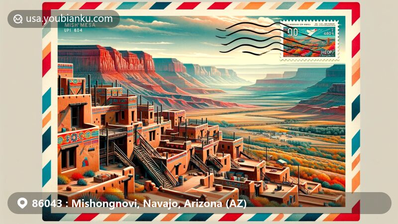 Modern illustration of Mishongnovi, Navajo, Arizona, highlighting area with ZIP code 86043, showcasing traditional Hopi architecture and postal elements, including air mail envelope, stamps, and postal mark.