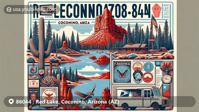 Modern illustration of Red Lake, Coconino County, Arizona, featuring 'Elephant Feet' rock formations, Mormon Lake, red rock formations, pine forests, and postal elements like vintage air mail envelope and postal truck.