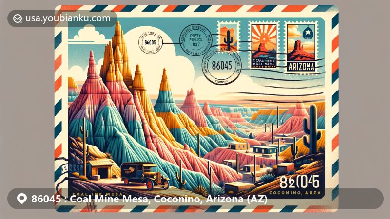Modern illustration of Coal Mine Mesa, Coconino County, Arizona, featuring the postal theme with ZIP code 86045 and showcasing the unique colorful spires and hoodoos of Coal Mine Canyon in the desert landscape.