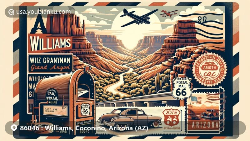 Modern illustration of Williams, Coconino County, Arizona, with air mail envelope background highlighting Grand Canyon, Route 66, and Bill Williams Mountain, featuring Arizona state flag and ZIP Code 86046.