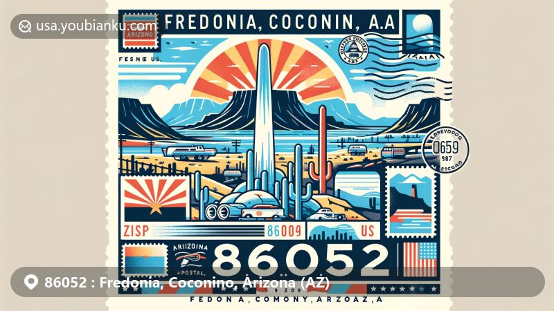 Modern illustration of Fredonia, Coconino, Arizona, highlighting postal theme with ZIP code 86052, featuring Pipe Spring National Monument and Arizona state flag elements.