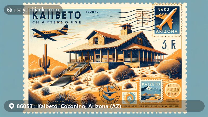 Modern illustration of Kaibeto Chapter House, Coconino County, Arizona, capturing arid semi-desert landscape, Native American heritage, and postal theme with ZIP code 86053.