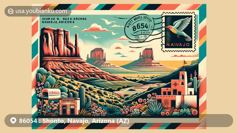 Modern illustration of Shonto, Navajo, Arizona (AZ), featuring airmail envelope with Navajo Mountain and Navajo National Monument outlines, traditional Navajo architecture, and '86054' ZIP Code, representing postal identity.