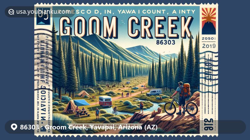 Modern illustration of Groom Creek, Yavapai County, Arizona, capturing the essence of ZIP code 86303 as a picturesque postcard with outdoor recreational activities against central Arizona's pine forests and mountains.