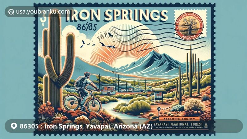Modern illustration of Iron Springs area, Yavapai County, Arizona, with ZIP code 86305, featuring Prescott National Forest landscape and outdoor activities like mountain biking and hiking.