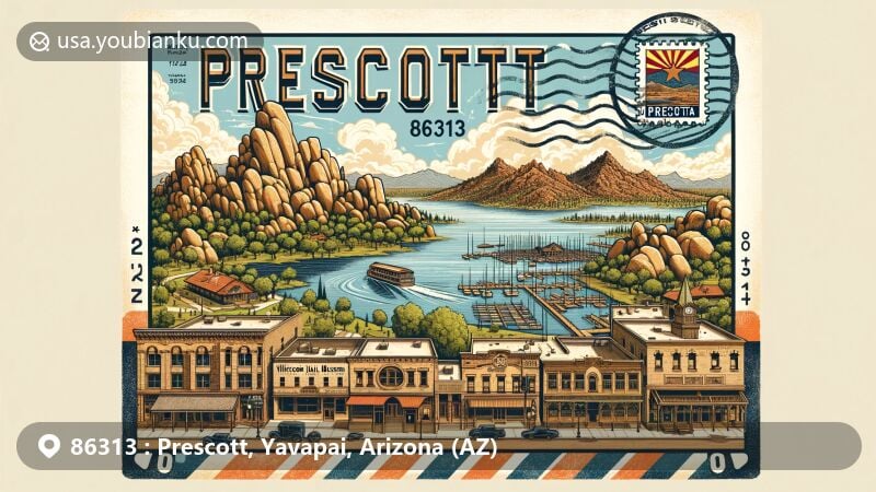 Modern illustration of Prescott, Arizona, showcasing iconic landmarks like Watson Lake, Sharlot Hall Museum, Whiskey Row, Thumb Butte, and Granite Mountain, along with Yavapai-Prescott Indian Tribe's cultural connection, in a vintage postcard design with postal elements.