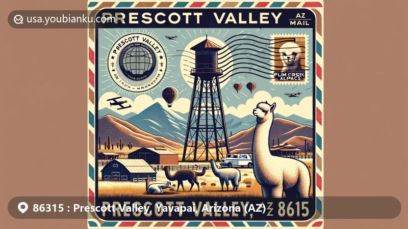 Modern illustration of Prescott Valley, Arizona, showcasing postal theme with ZIP code 86315, featuring Glassford Hill and Plum Creek Alpacas.