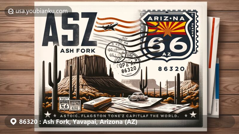 Modern illustration of Ash Fork, Arizona, showcasing postal theme with vintage air mail envelope, Arizona state flag, and Route 66 stamp, highlighting Cathedral Caves, Dante's Descent, and stone quarries.