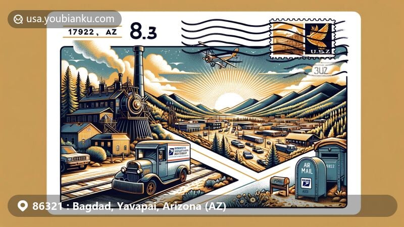 Modern illustration of Bagdad, Yavapai County, Arizona, combining copper mines and Prescott National Forest on an airmail envelope, featuring postal elements like stamp, postmark with ZIP code 86321 and 'Bagdad, AZ', U.S. mailbox, and mail van.