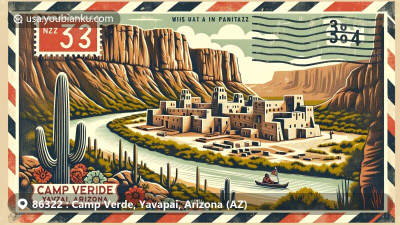 Modern illustration of Camp Verde, Yavapai County, Arizona, with postal theme featuring ZIP code 86322, showcasing Montezuma Castle National Monument, Verde River, and the World's Largest Kokopelli statue.