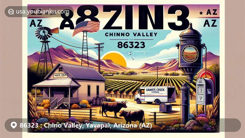 Modern illustration of Chino Valley, Arizona, featuring Granite Creek Vineyards and Del Rio Springs, showcasing vintage postcard design with Arizona state flag postage stamp, 'Chino Valley, AZ 86323' postmark, and classic mailbox.