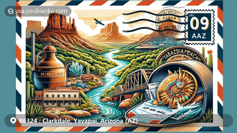 Vivid illustration of Clarkdale, Arizona, blending cultural and historical elements with postal themes, featuring Verde River, Tuzigoot National Monument, copper beer kettle, Broadway Bridge, Yavapai-Apache Nation symbols, and ZIP code '86324'. Creatively framed in an air mail envelope with vintage stamp.
