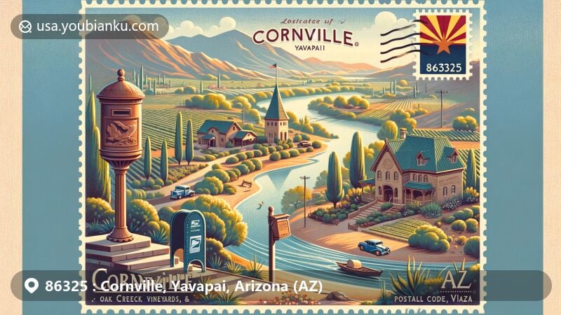 Modern illustration of Cornville, Yavapai County, Arizona, featuring Oak Creek, Page Springs Cellars, Oak Creek Vineyards & Winery, and the unique structure of Eliphante, integrated into a serene landscape. Includes vintage postcard elements with Arizona state flag stamp, 'Cornville, AZ 86325' postmark, and old-fashioned mailbox.